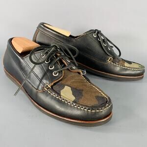 MARK McNAIRY Size 10 Black Brown Green Camouflage Leather Boat Lace-Up Shoes